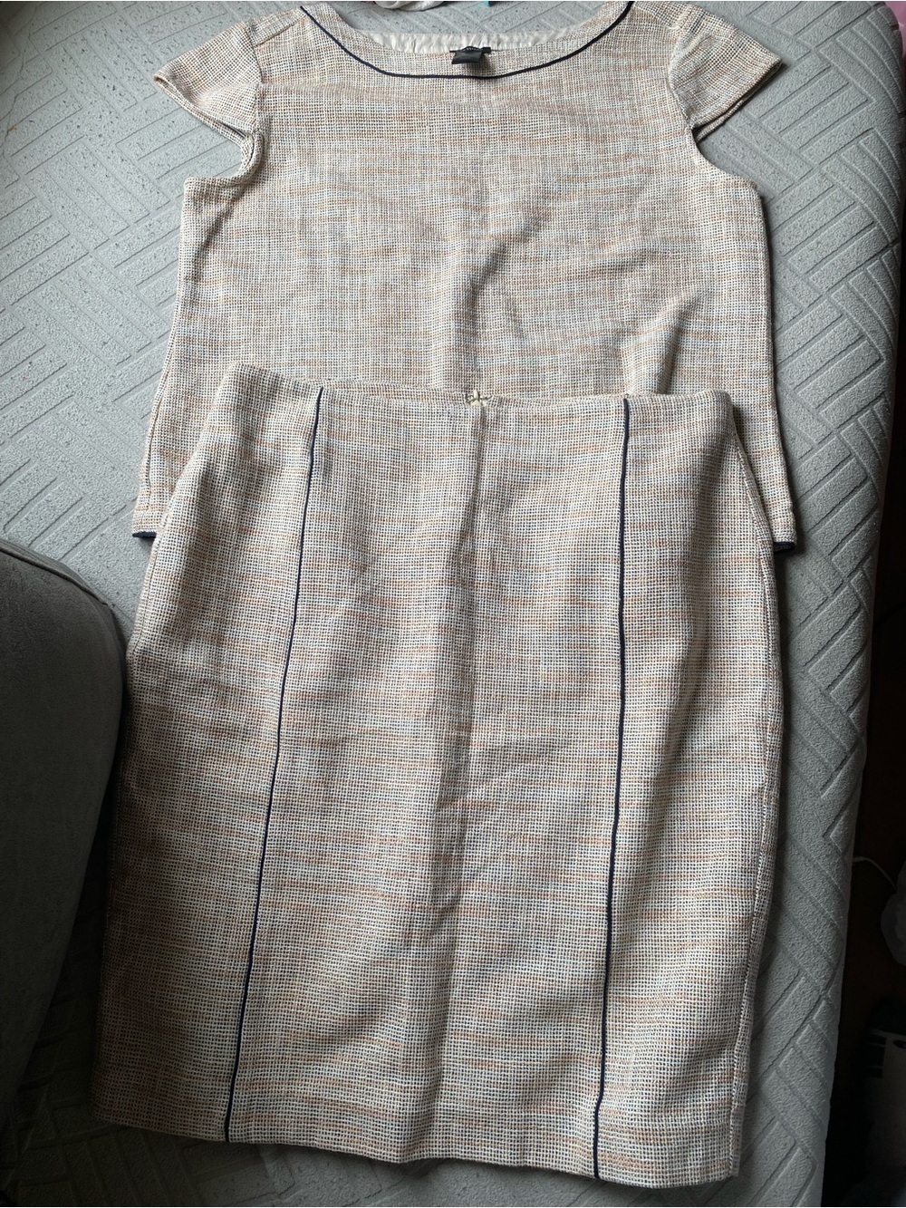 Ann Taylor Textured Cream Midi Skirt Suit with Navy Trim